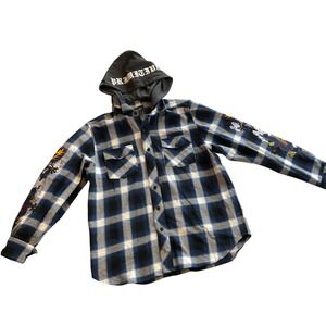 Primitive Skateboarding Plaid Flannel Hooded Shirt Dragon Embroidered Men Medium